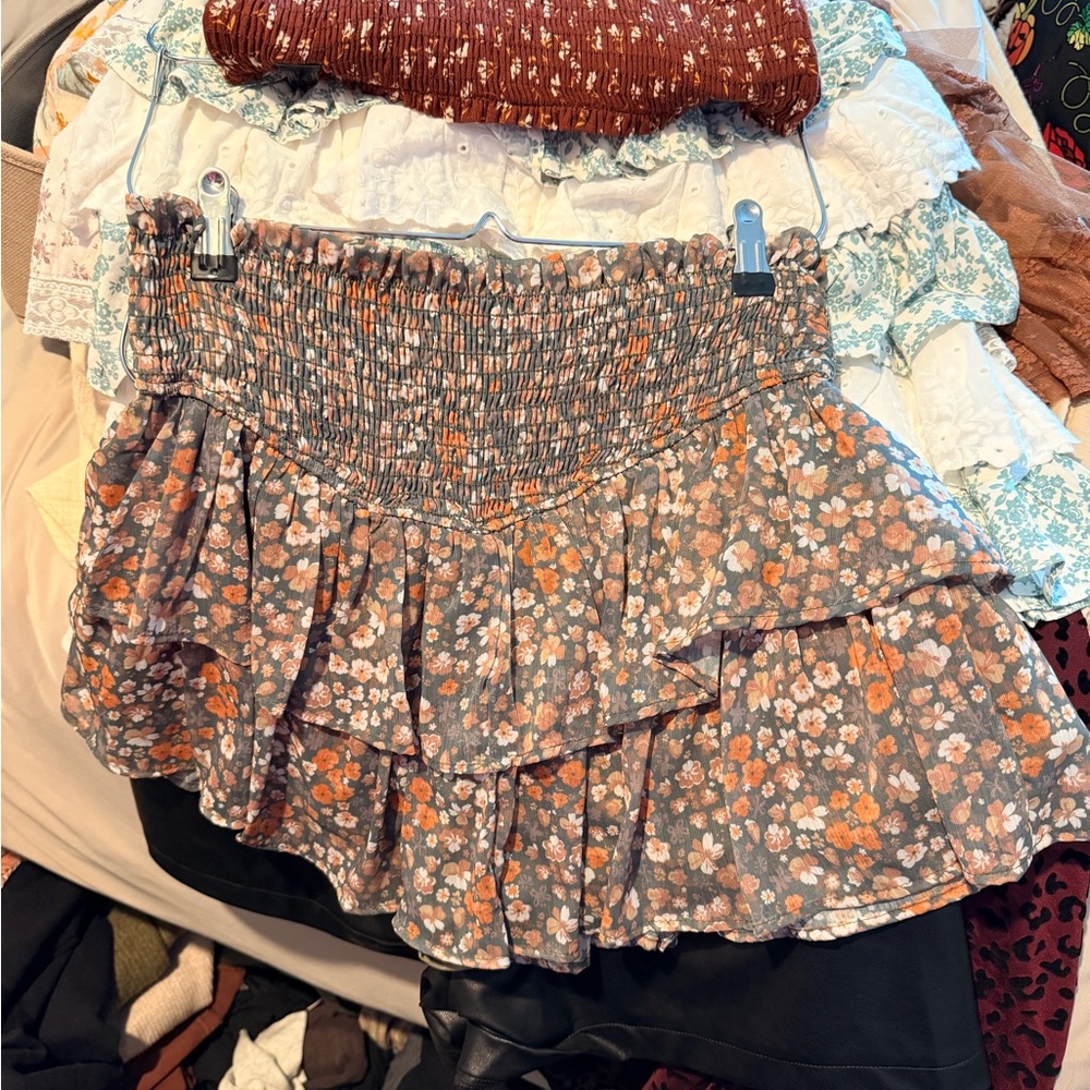 Altar'd State Floral Smocked Tiered Mini Skirt in Gray and Orange